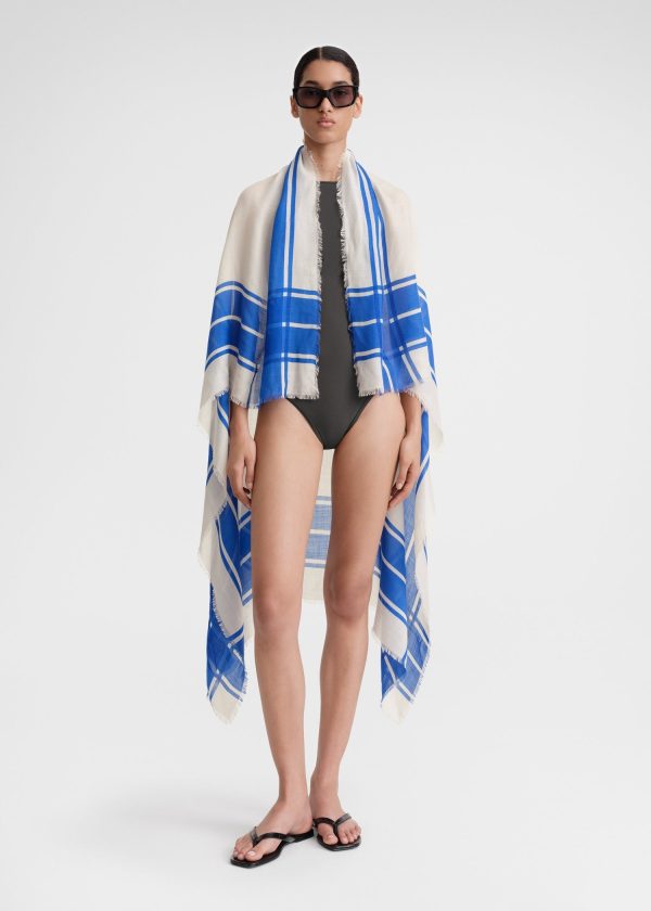 Wool silk blanket scarf blue ecru Online now