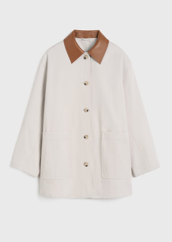 Leather-collar cotton barn jacket pebble For Cheap