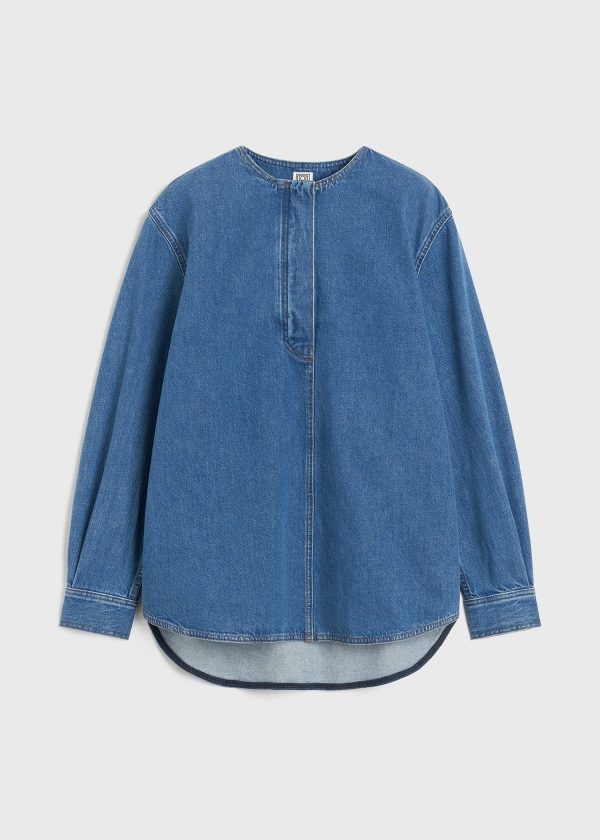 Collarless denim shirt vibrant blue For Sale