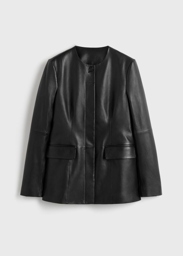 Collarless leather jacket black Cheap